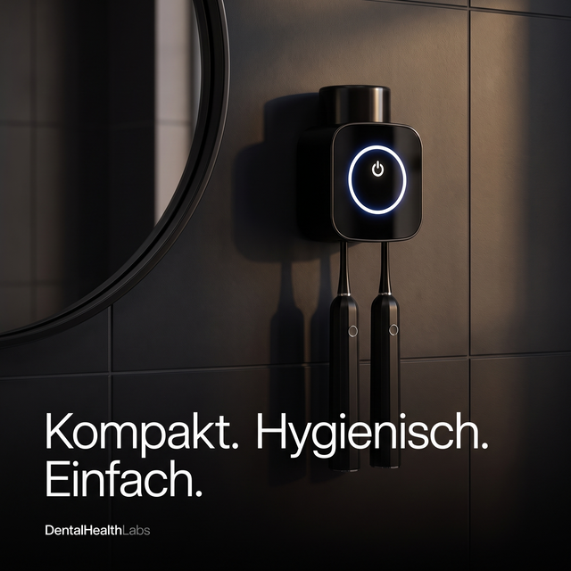 Schwarzer UV Zahnbürstenhalter mit 2 Slots an der Wand – kompakt, hygienisch, einfach