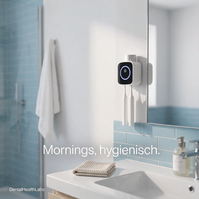 UV Zahnbürsten-Sterilisator mit 2 Slots im hellen Badezimmer am Morgen