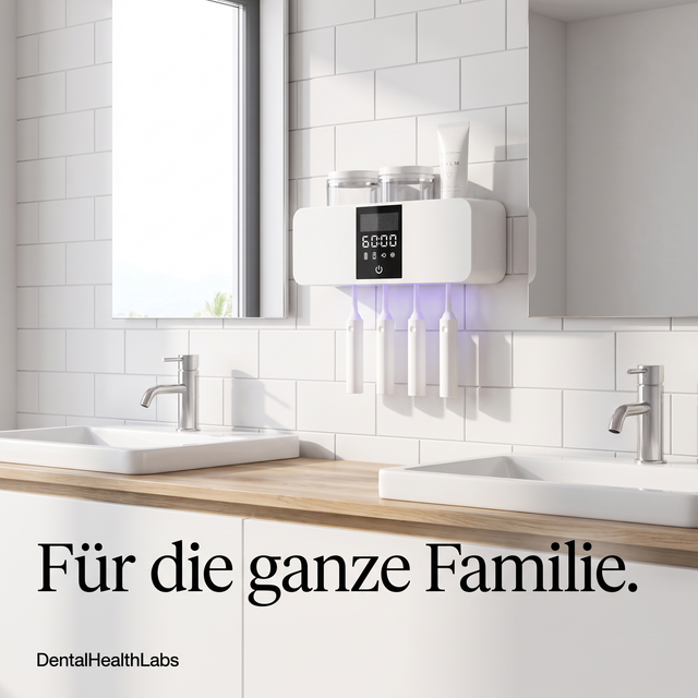 Weißer UV Zahnbürsten-Sterilisator mit LED-Display in einem hell gefliesten Badezimmer